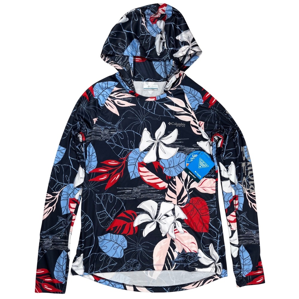 New Columbia Super Tidal Tee Hoodie Women M Navy Floral PFG UPF 50 Sun Shirt NWT